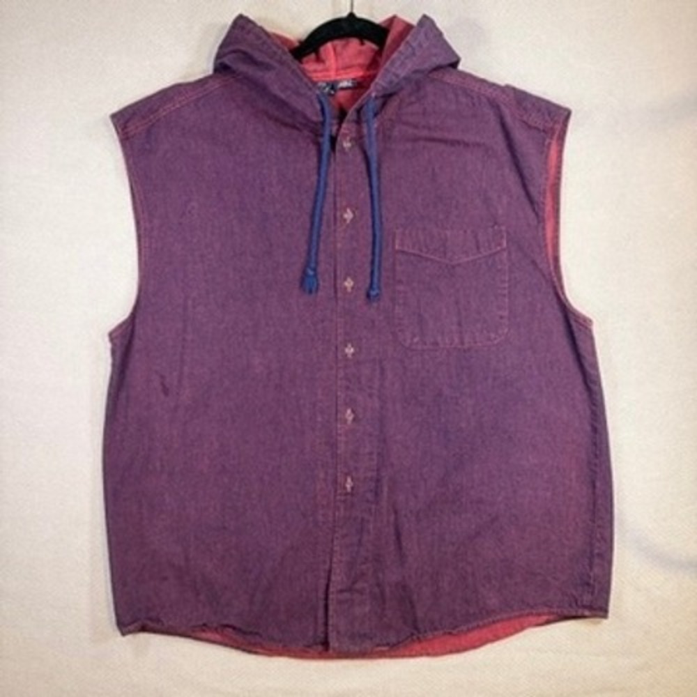 Bon Homme Sleeveless Hooded Shirt XL Men Purple Cotton Button Up Vest
